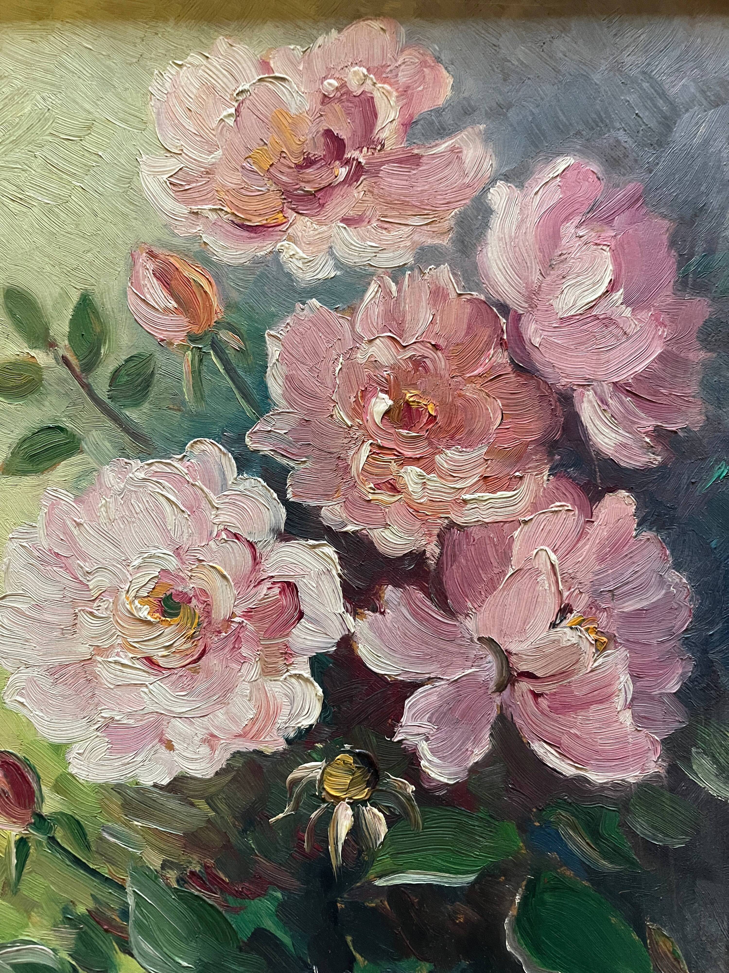 HSP Garden Roses painting signed Madeleine Bruno Derepas + frame