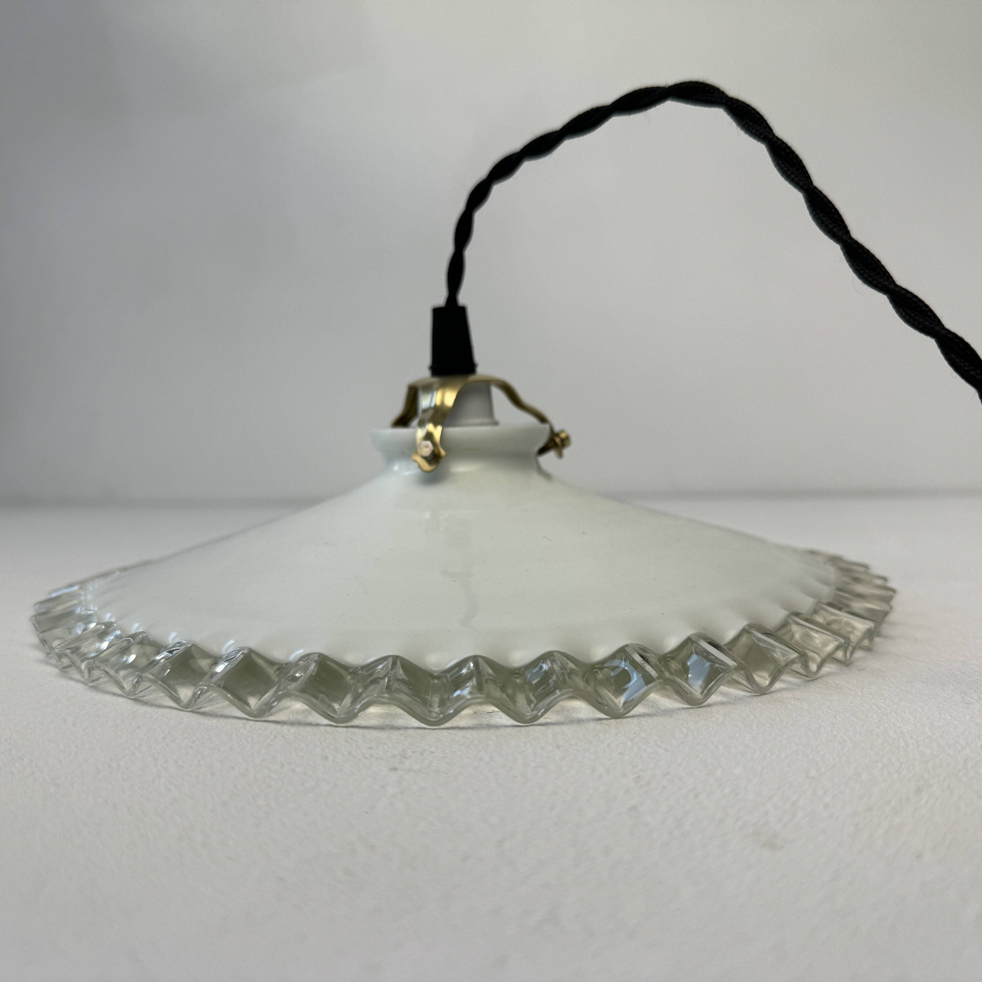 Vintage opaline glass pendant light with scalloped edges, 24 cm