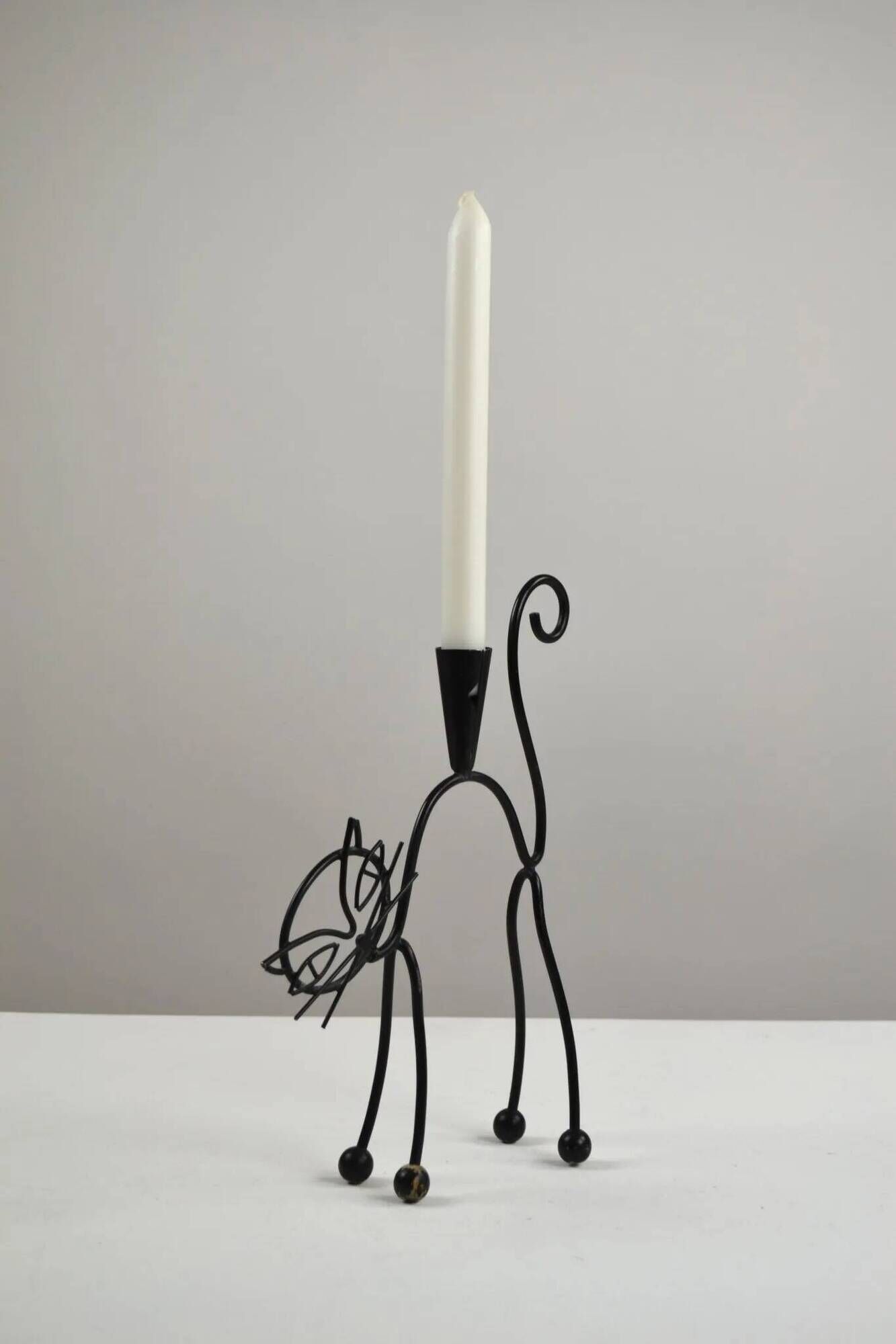 Black Painted Metal Cat Candle Holder by Gunnar Ander for Ystad-Metall, Sweden, 1950s–60s
