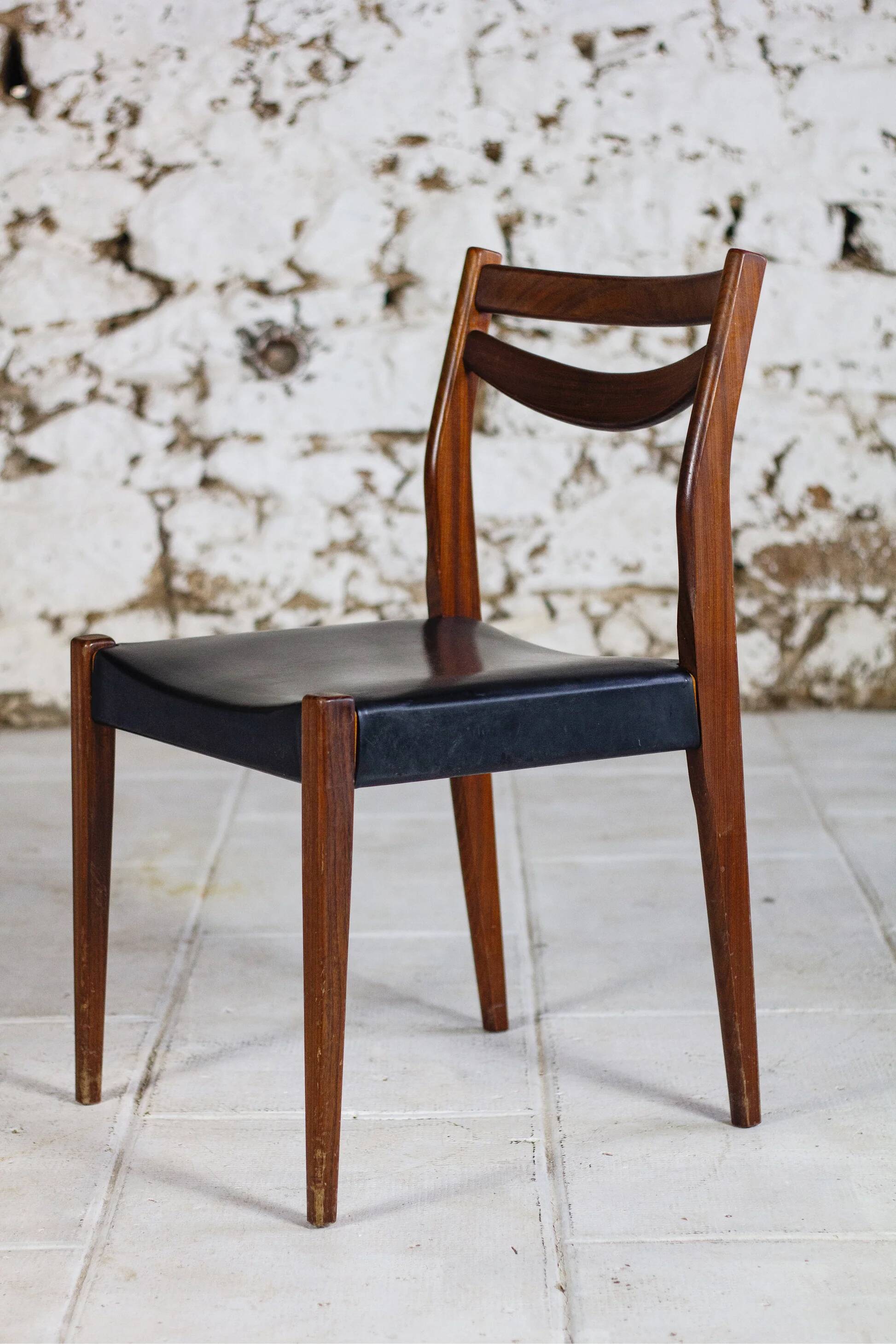 4 vintage Scandinavian chairs in teak and imitation leather, 1960