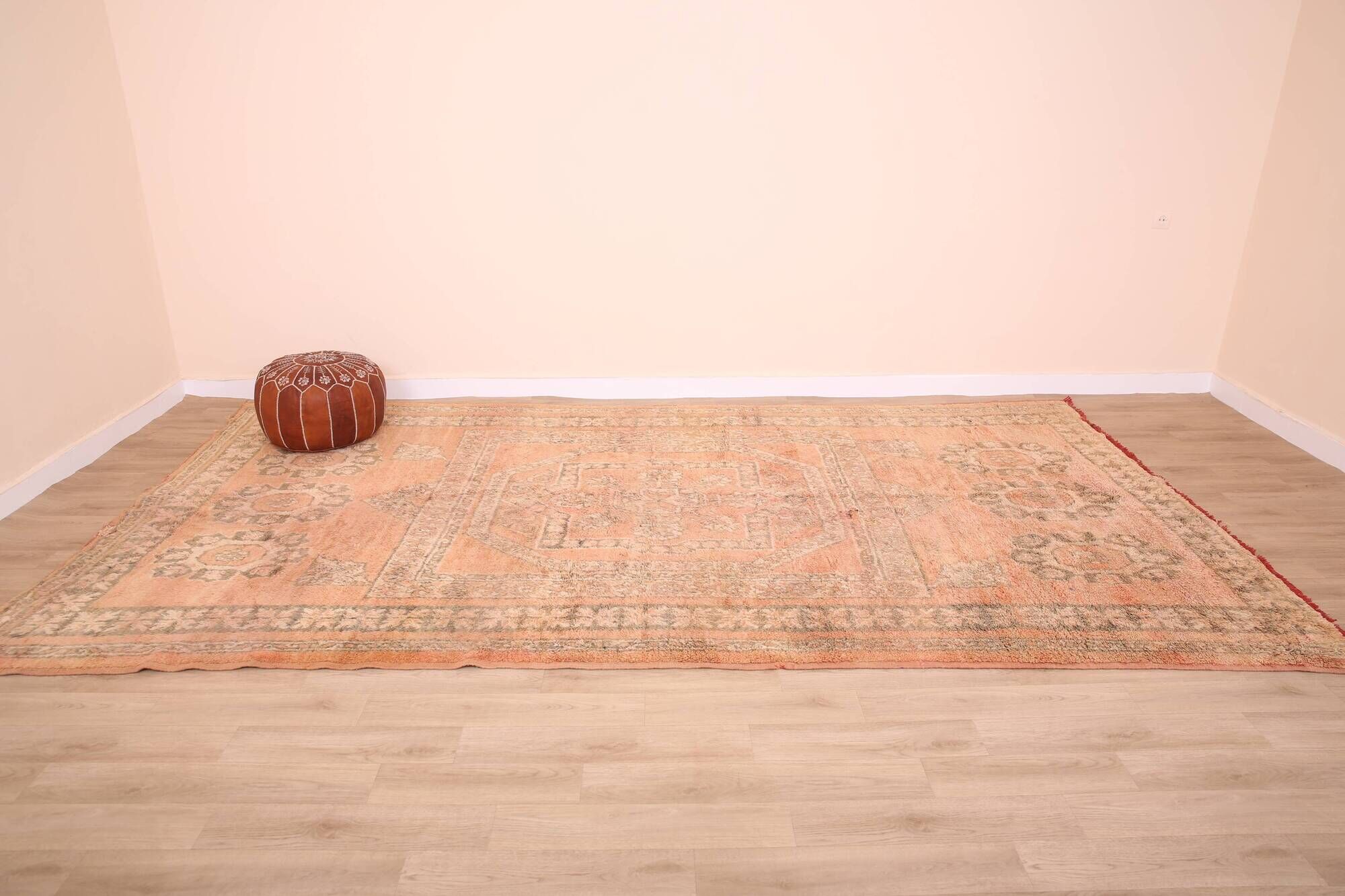 Large Vintage Moroccan Rug 203 x 376 cm, Peach Berber Wool Rug Handmade