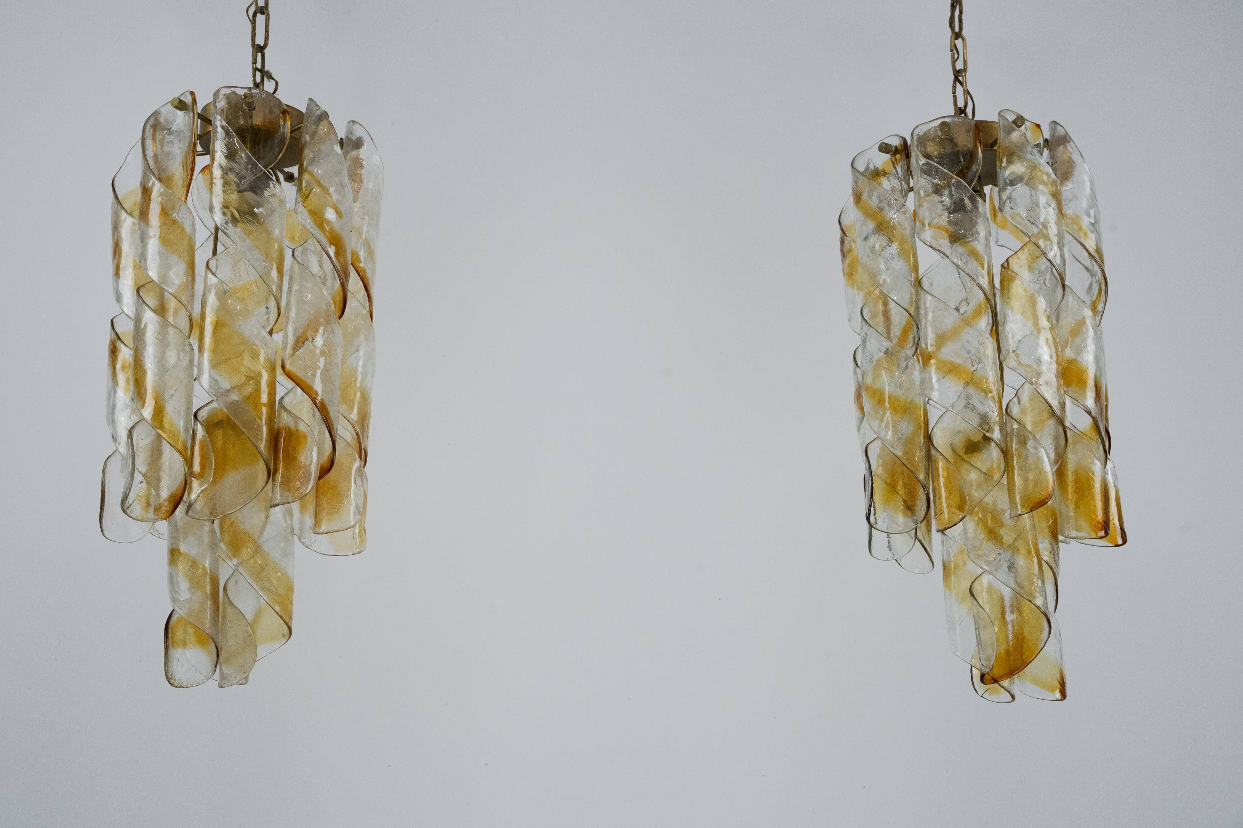 Pair of vintage Torciglione Murano glass chandelier by Mazzega. Italy 1970s