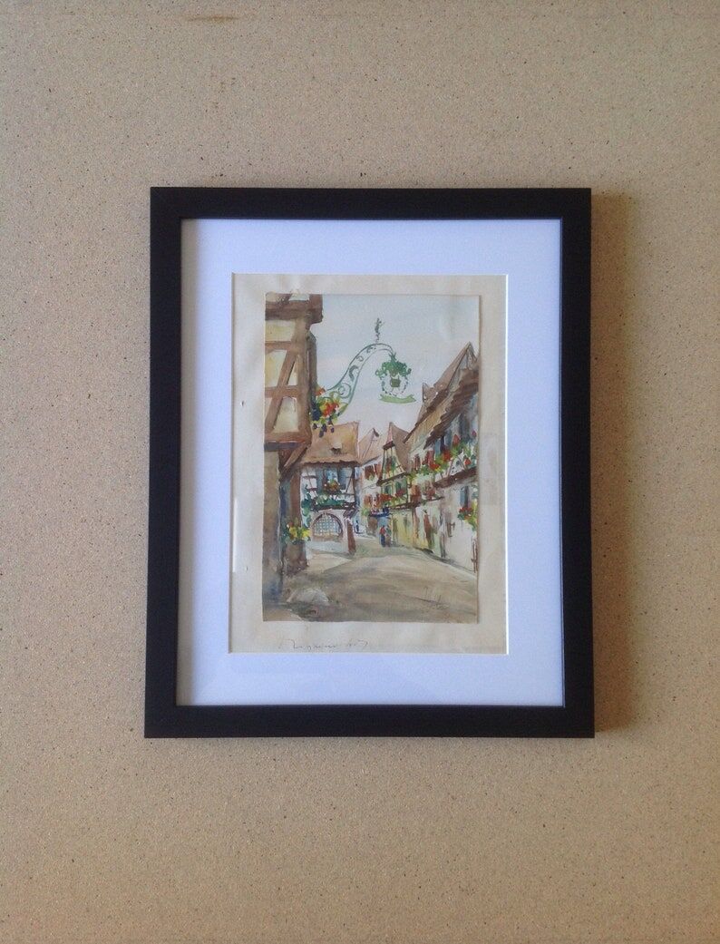 Watercolor by Alfred Doll representing "a street of Riquewihr" - 30 x 37cm