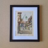 Watercolor by Alfred Doll representing "a street of Riquewihr" - 30 x 37cm
