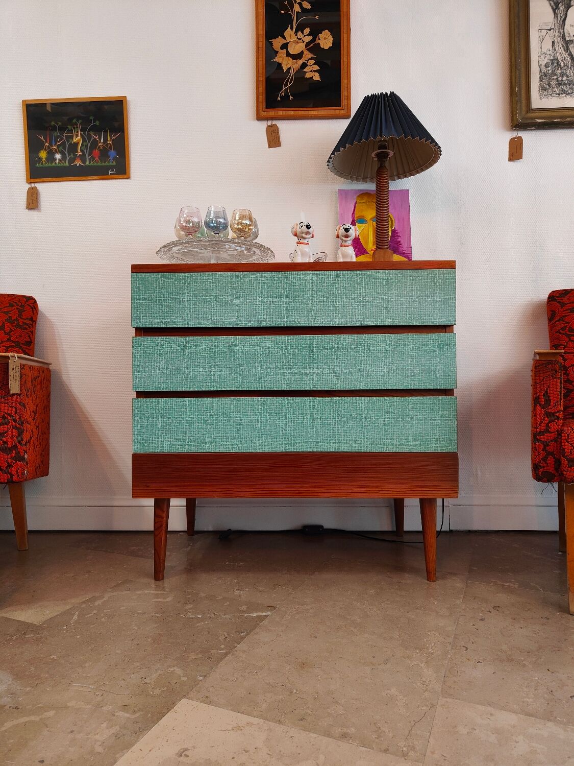 Commode Tchèque bois et formica vert d'eau