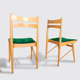 Beech wood and green velvet pair of chairs from 60s