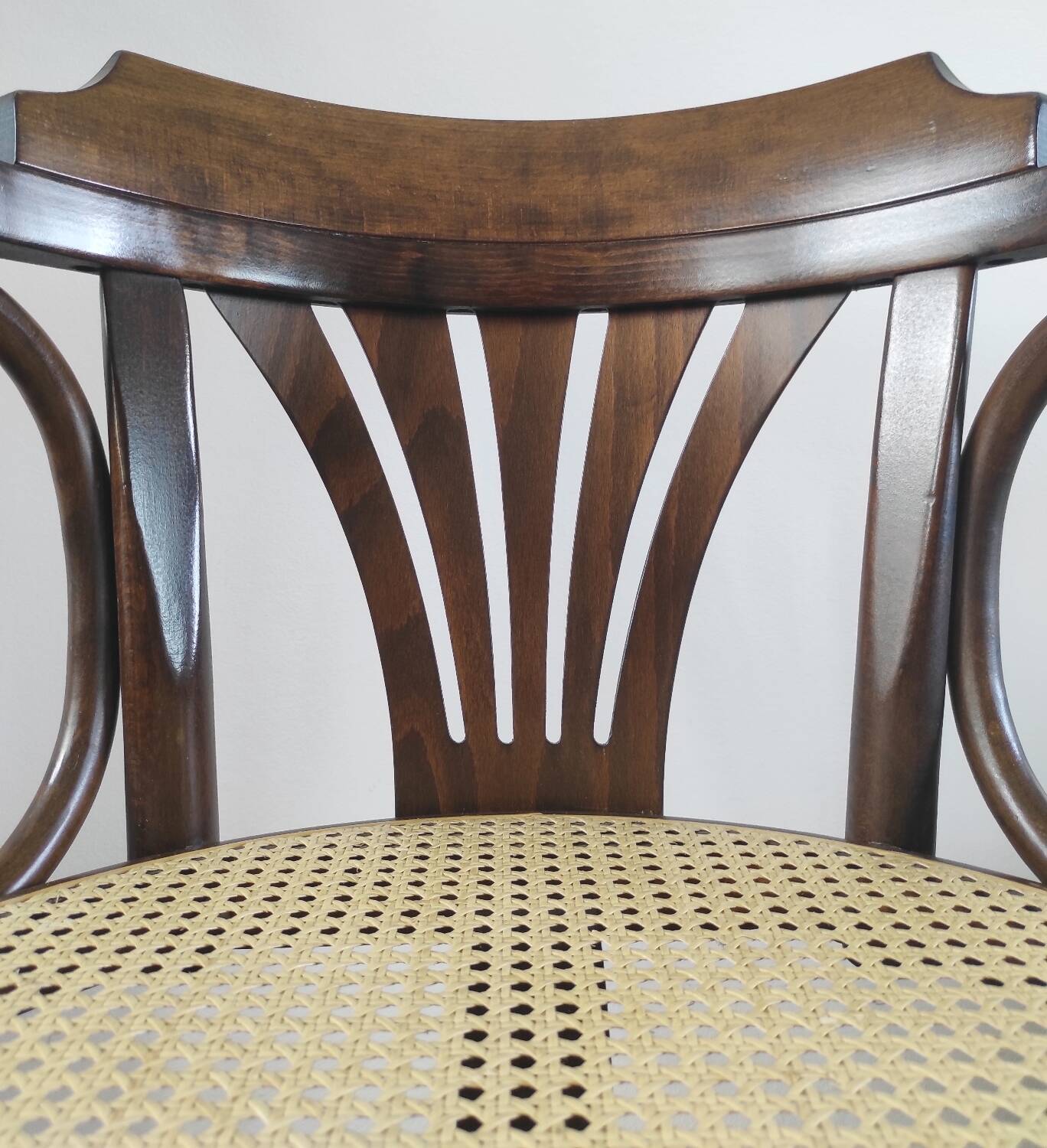 Vintage swivel office chair with curved wood and caning (Thonet style)