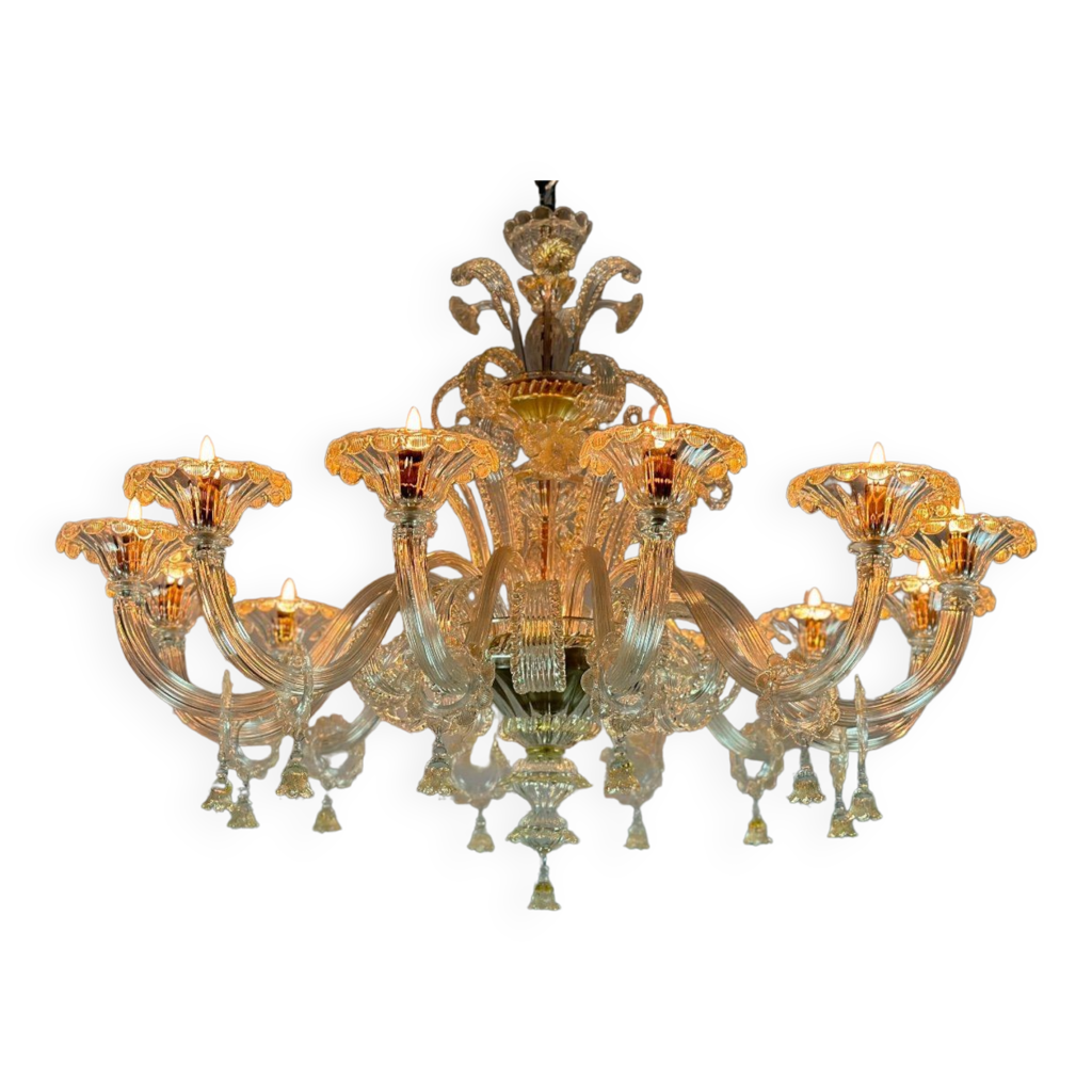 Lustre vénitien en verre de murano doré, 10 bras de lumière vers 1930 ...
