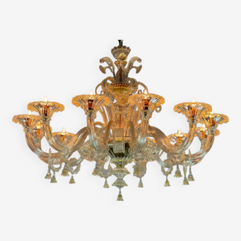 Lustre vénitien en verre de murano doré, 10 bras de lumière vers 1930