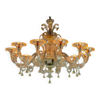 Lustre vénitien en verre de murano doré, 10 bras de lumière vers 1930