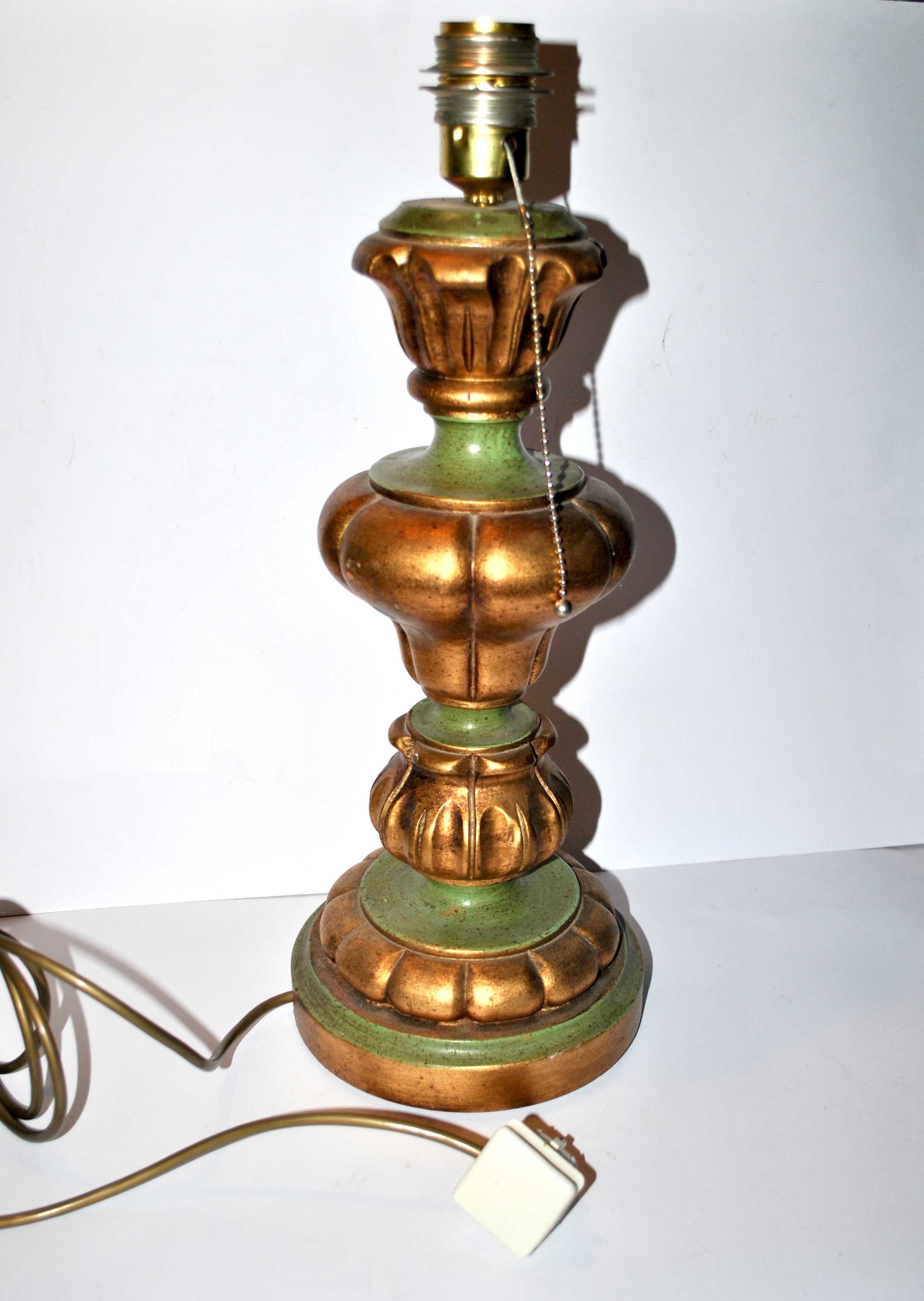 Vintage lamp foot gilded and green in carved turned wood