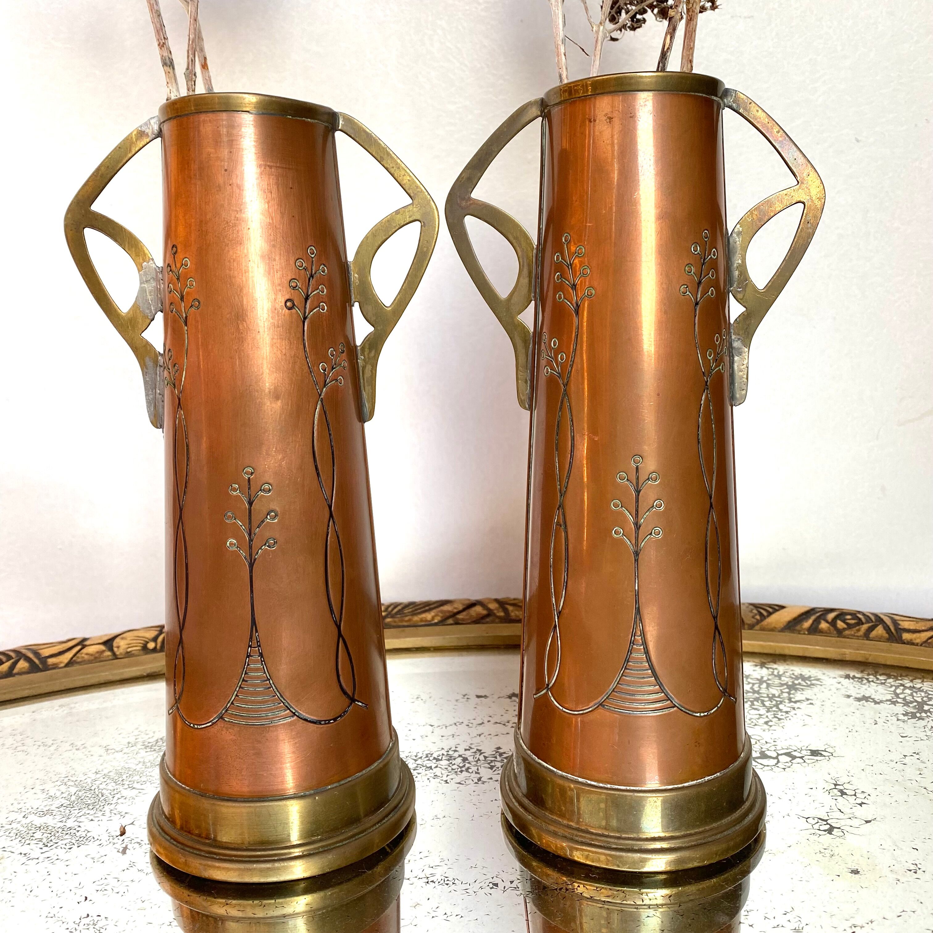 Pair of GBN art deco copper and brass vases