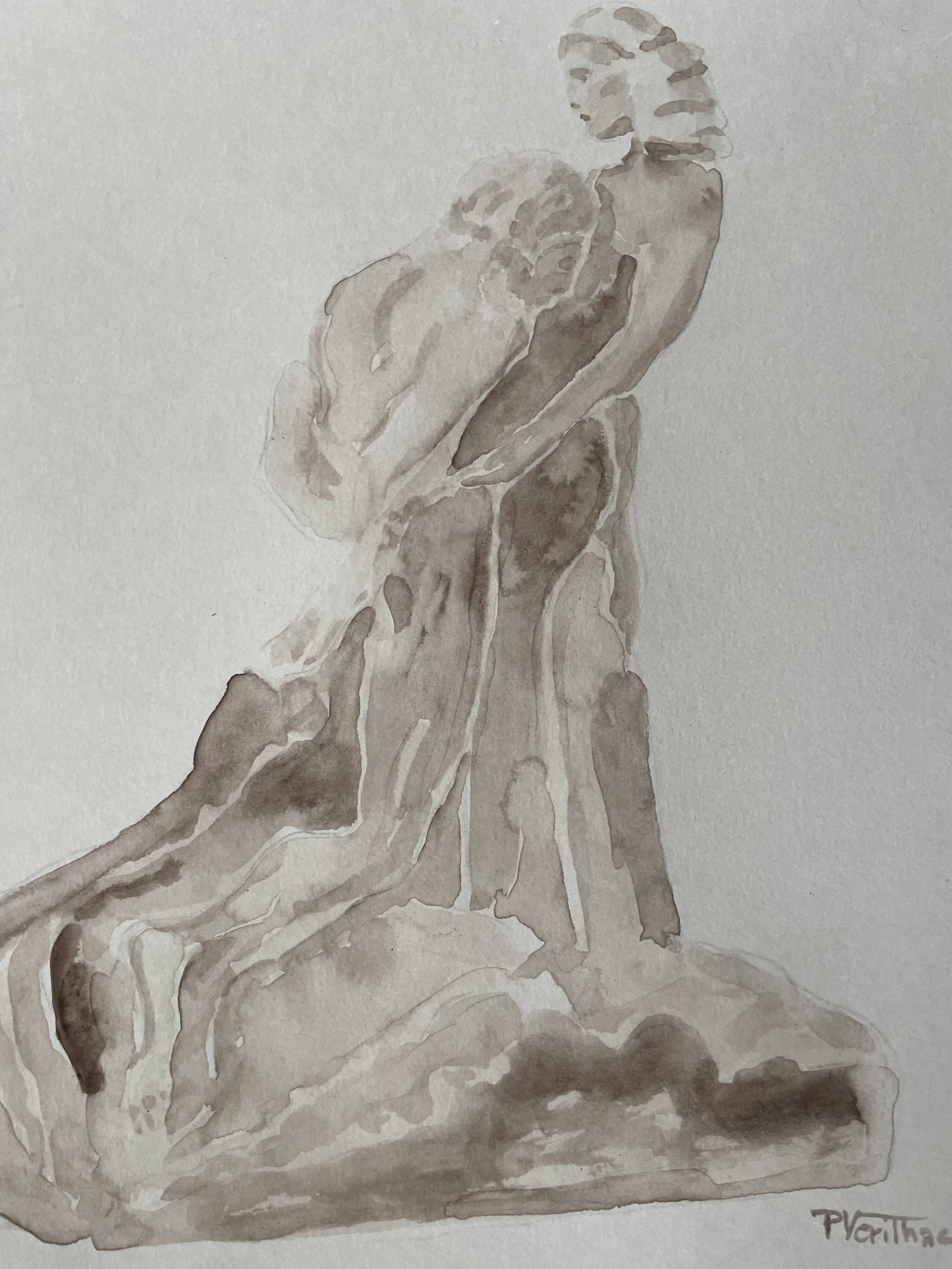 Painting signed sepia monochrome watercolor study of the statue “the eternal idol of Rodin”