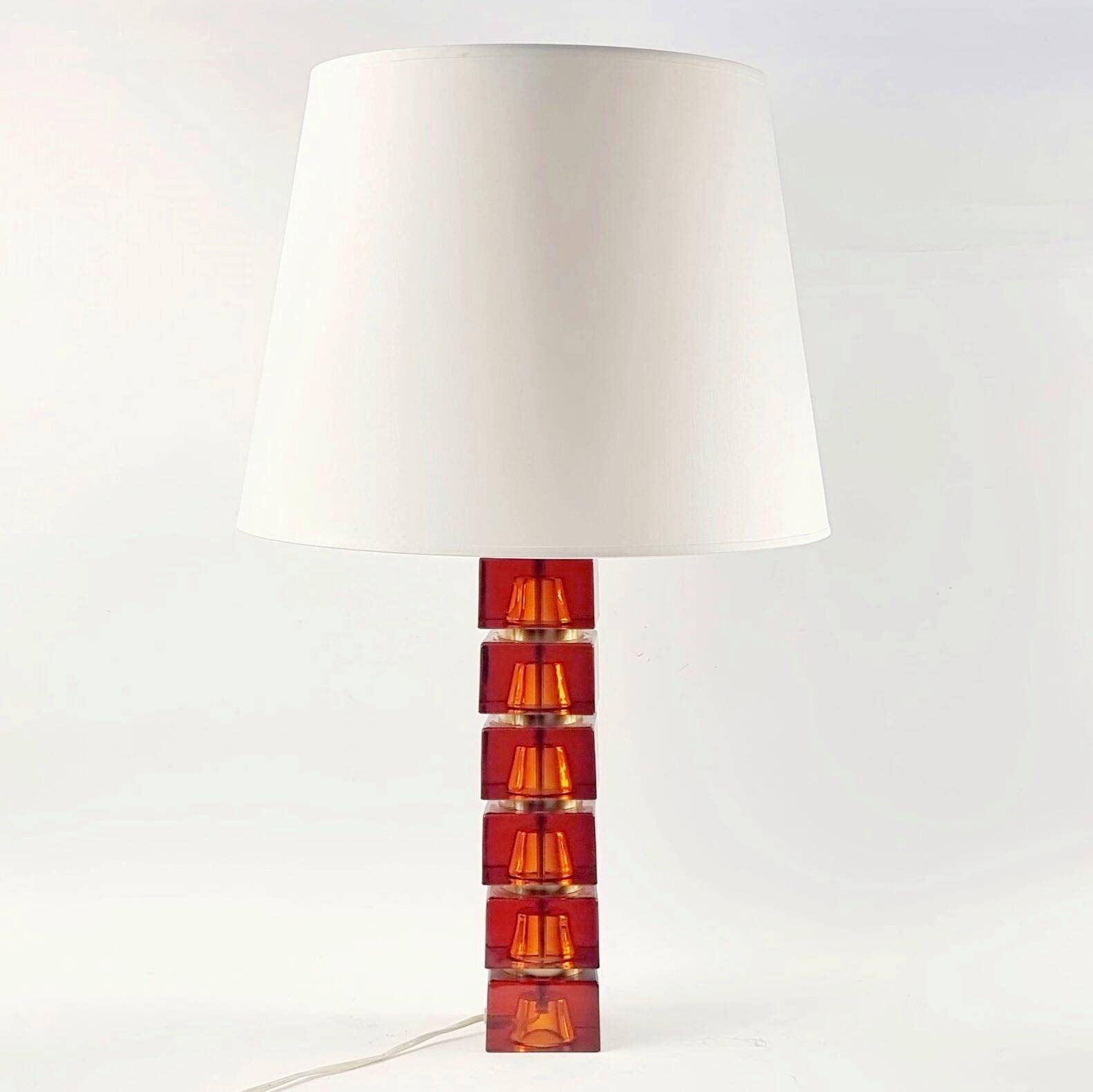 Large Mid Century Scandinavian Glass & Brass Table Lamp By Carl Fagerlund For Orrefors, Sweden, 1960