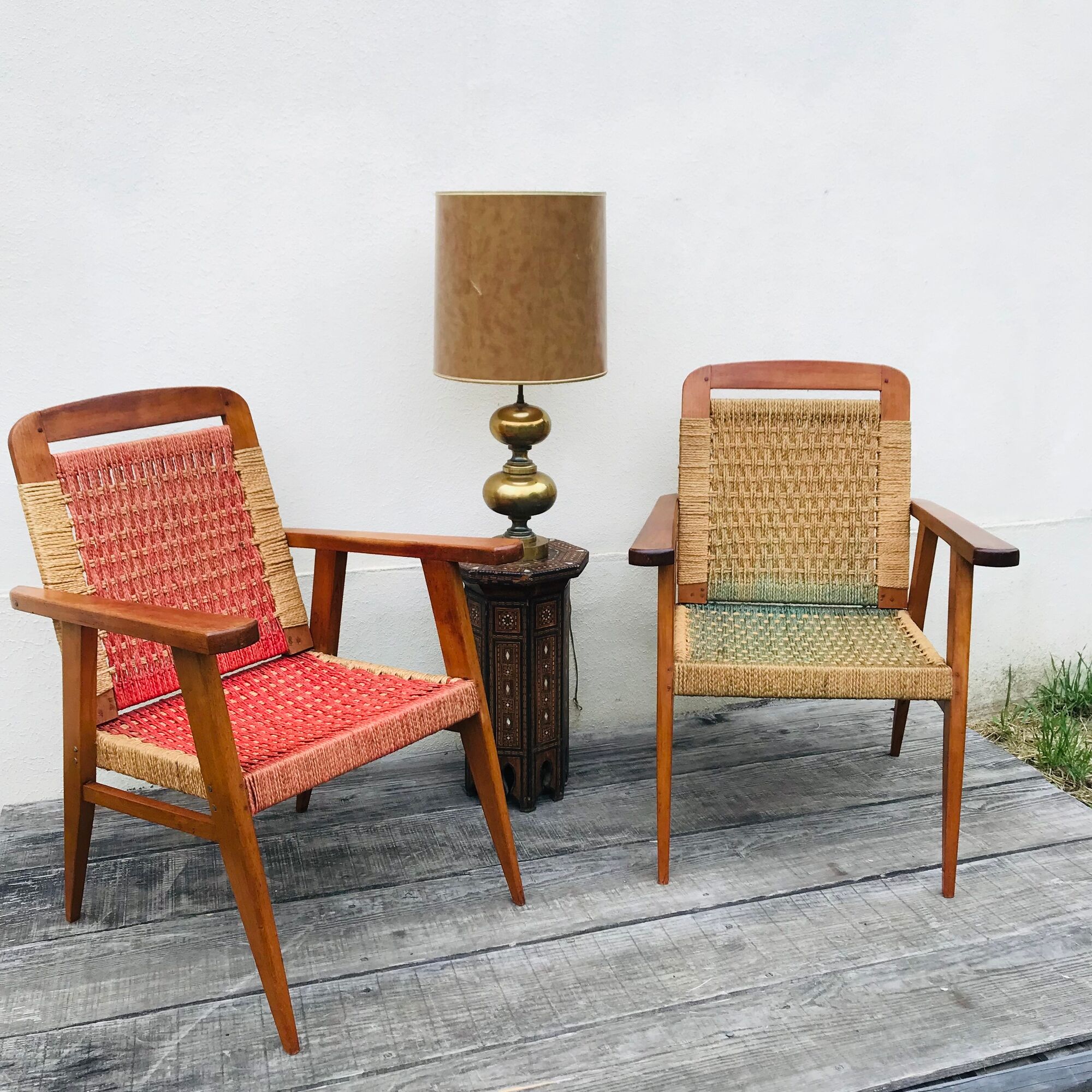 Pair of vintage 1940 armchairs in mahogany and braided rope