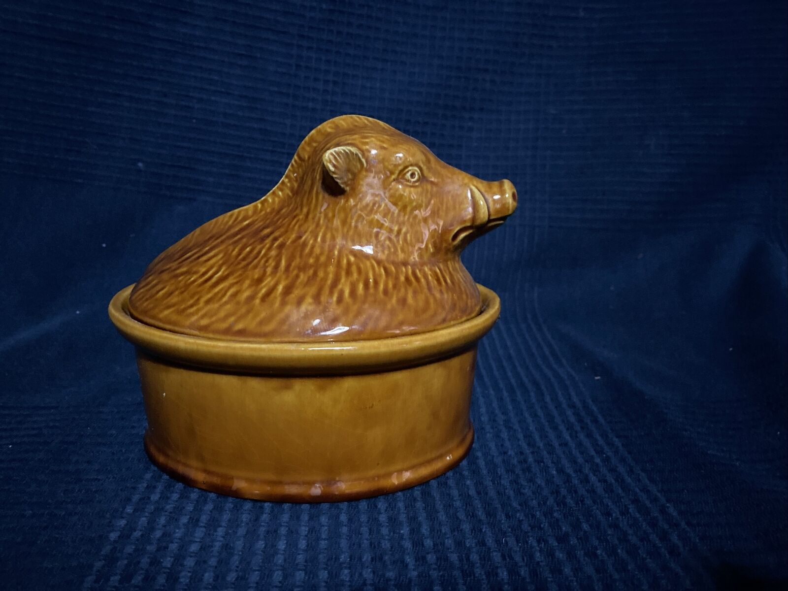 Ceramic terrine dish decorated with vintage wild boar hunting