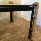 Table basse scandinave en verre fumé carrée pieds métal/bois