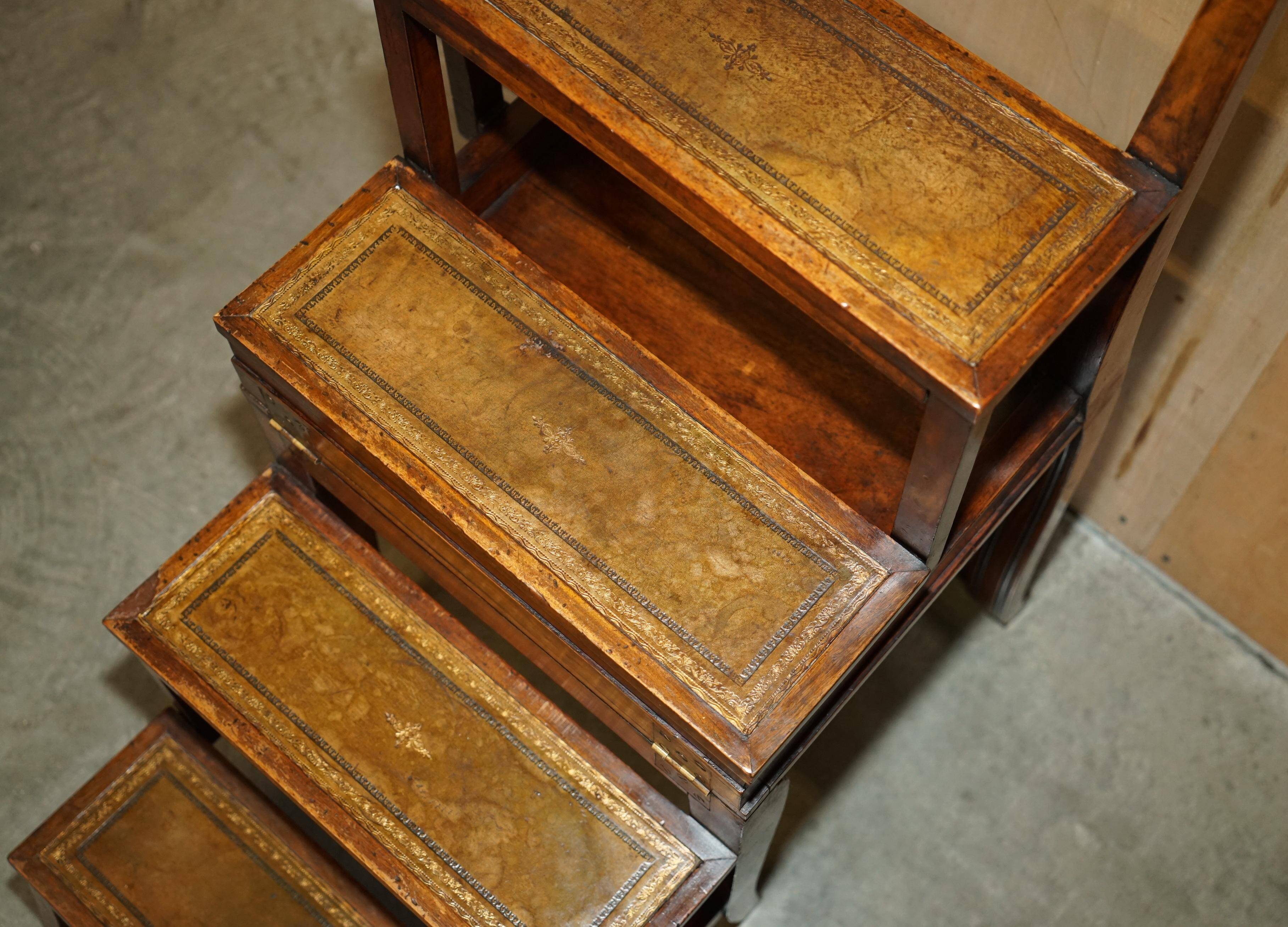 Victorian library chair, convertible, hardwood, leather, brass, circa 1880.