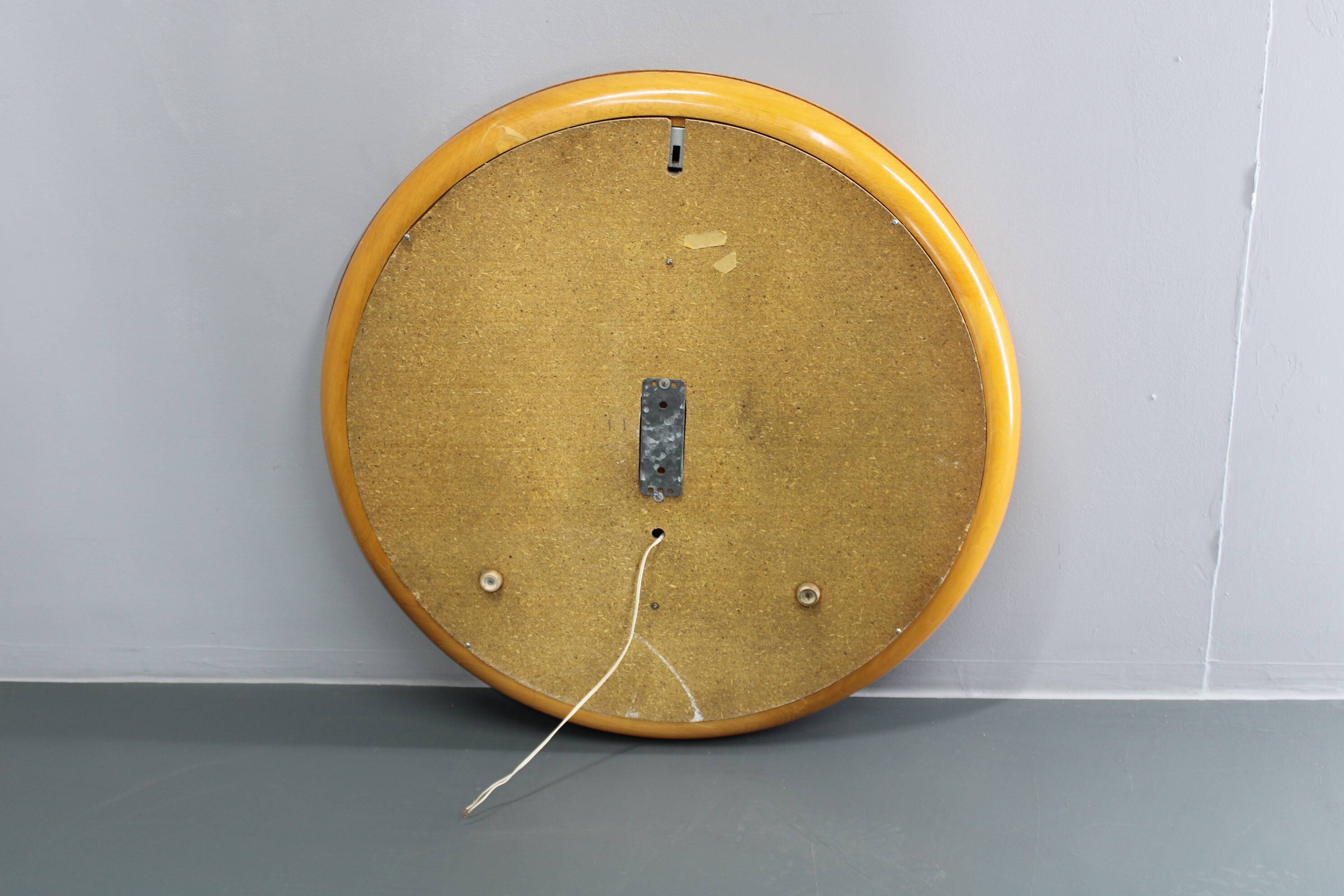 1970s Italian Round Mirror in Wooden Frame with Light
