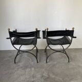 Pair of leather “curule” emperor armchairs