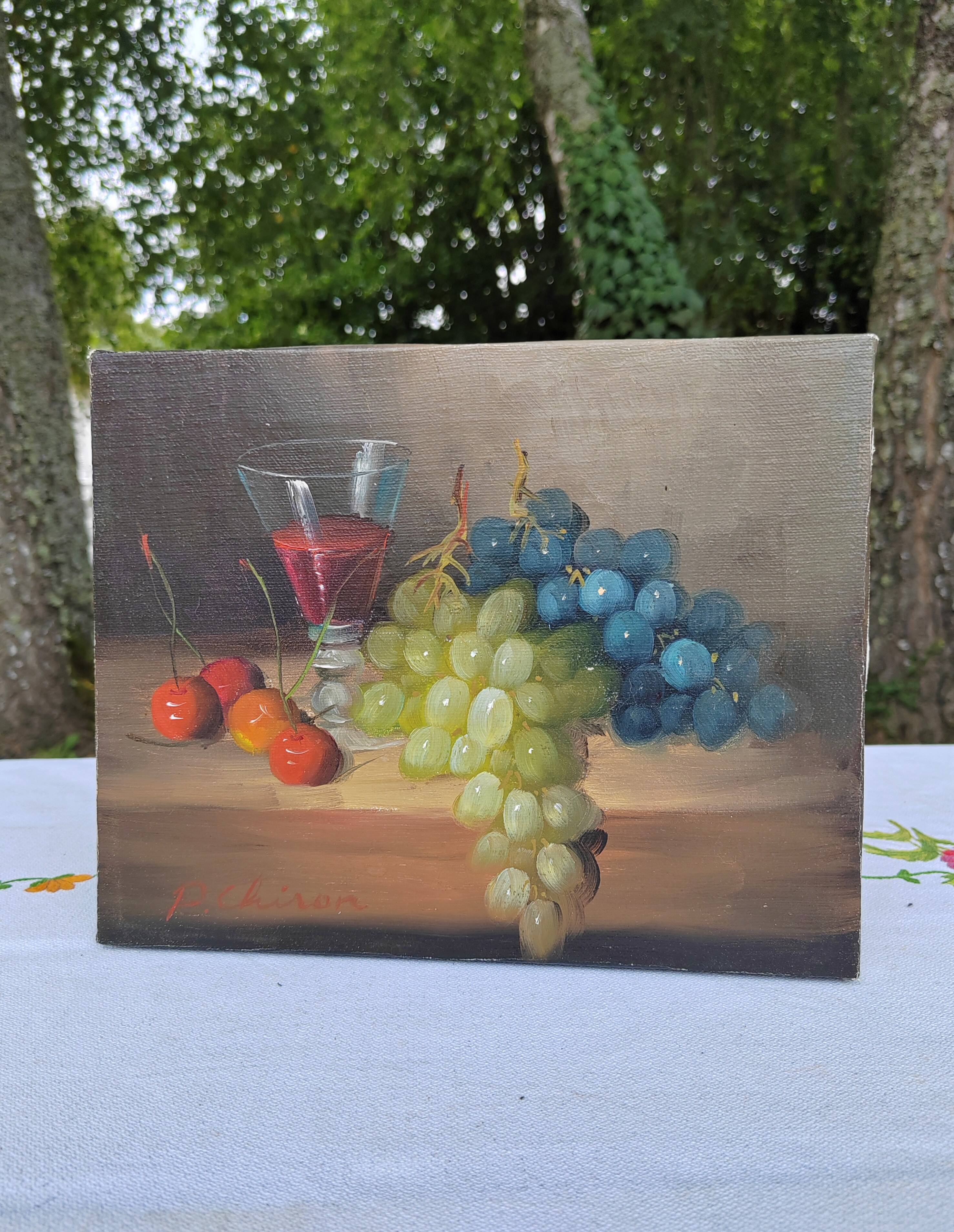 Small painting signed still life "Grapes and wine"