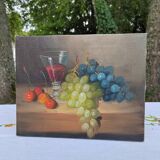 Small painting signed still life "Grapes and wine"