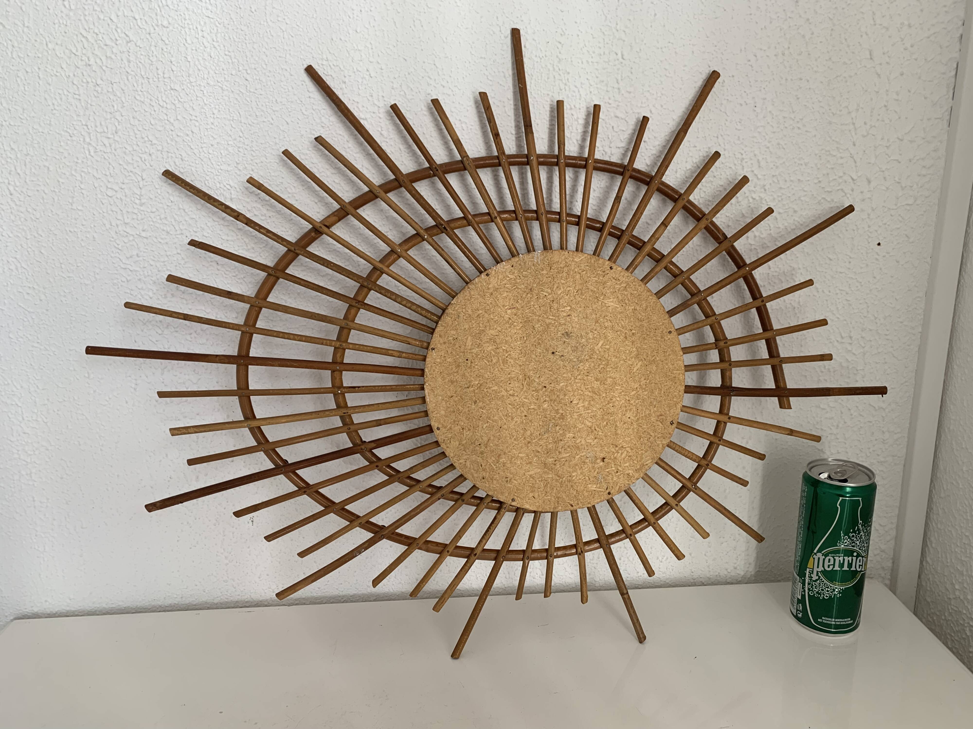 Vintage 1960s sunburst mirror, rattan wicker, ortf spiral design - 68 x 52 cm