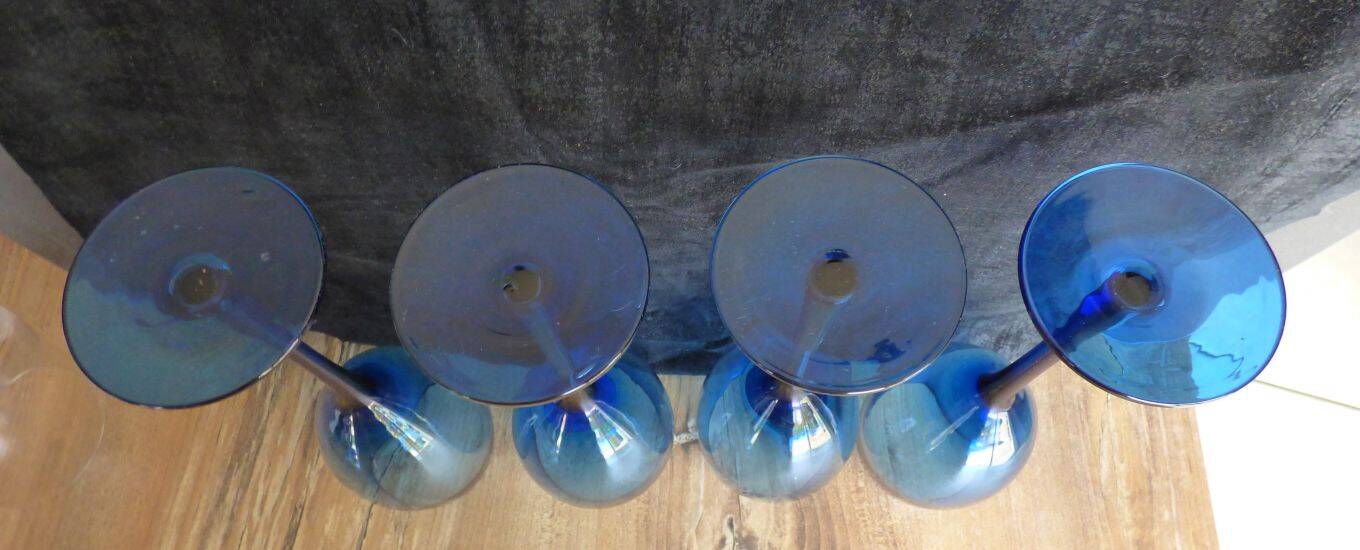 4 large vintage blue wine glasses.