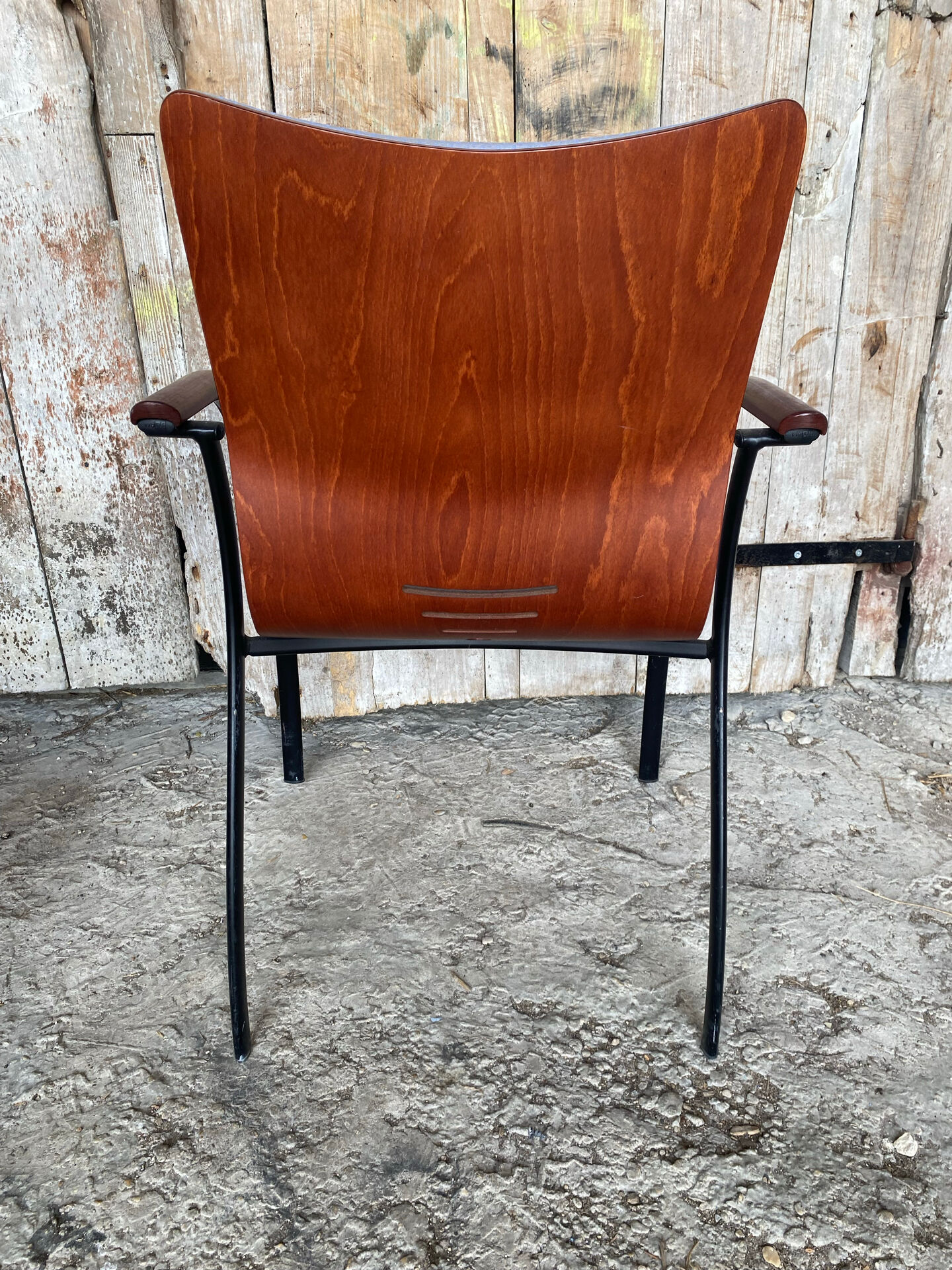 Vintage Armchair RONÉO Black Metal Legs + Dark Wood Shell + Vintage Fabric