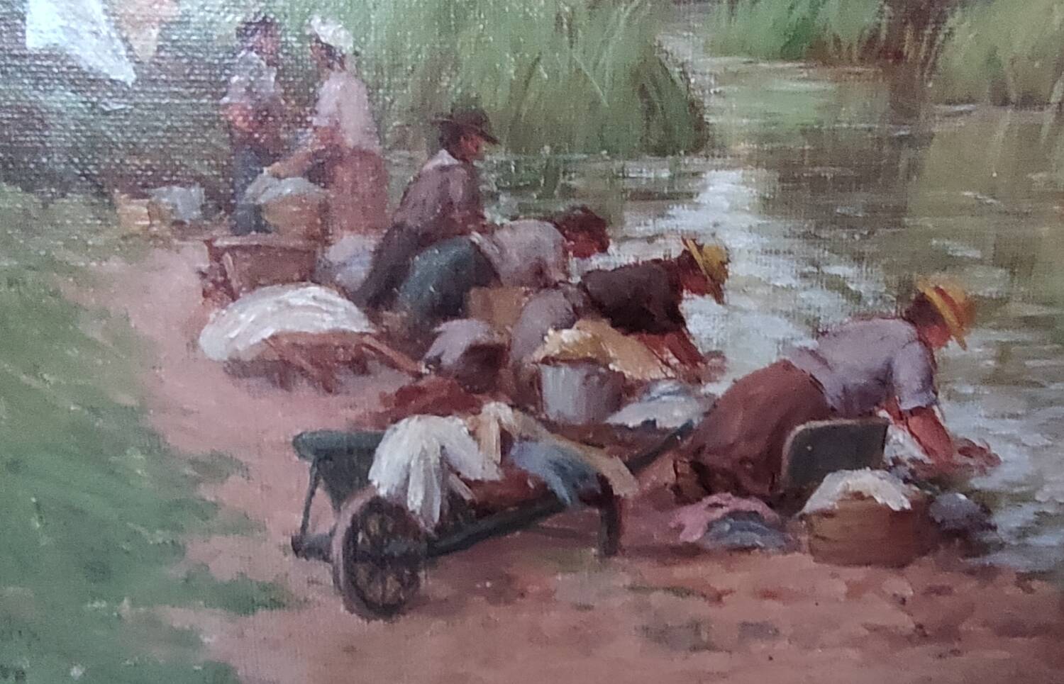 Old Canvas Oil Painting/Scene Of Life/The Washerwomen/Signed M.Merlin