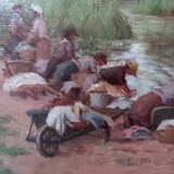 Old Canvas Oil Painting/Scene Of Life/The Washerwomen/Signed M.Merlin