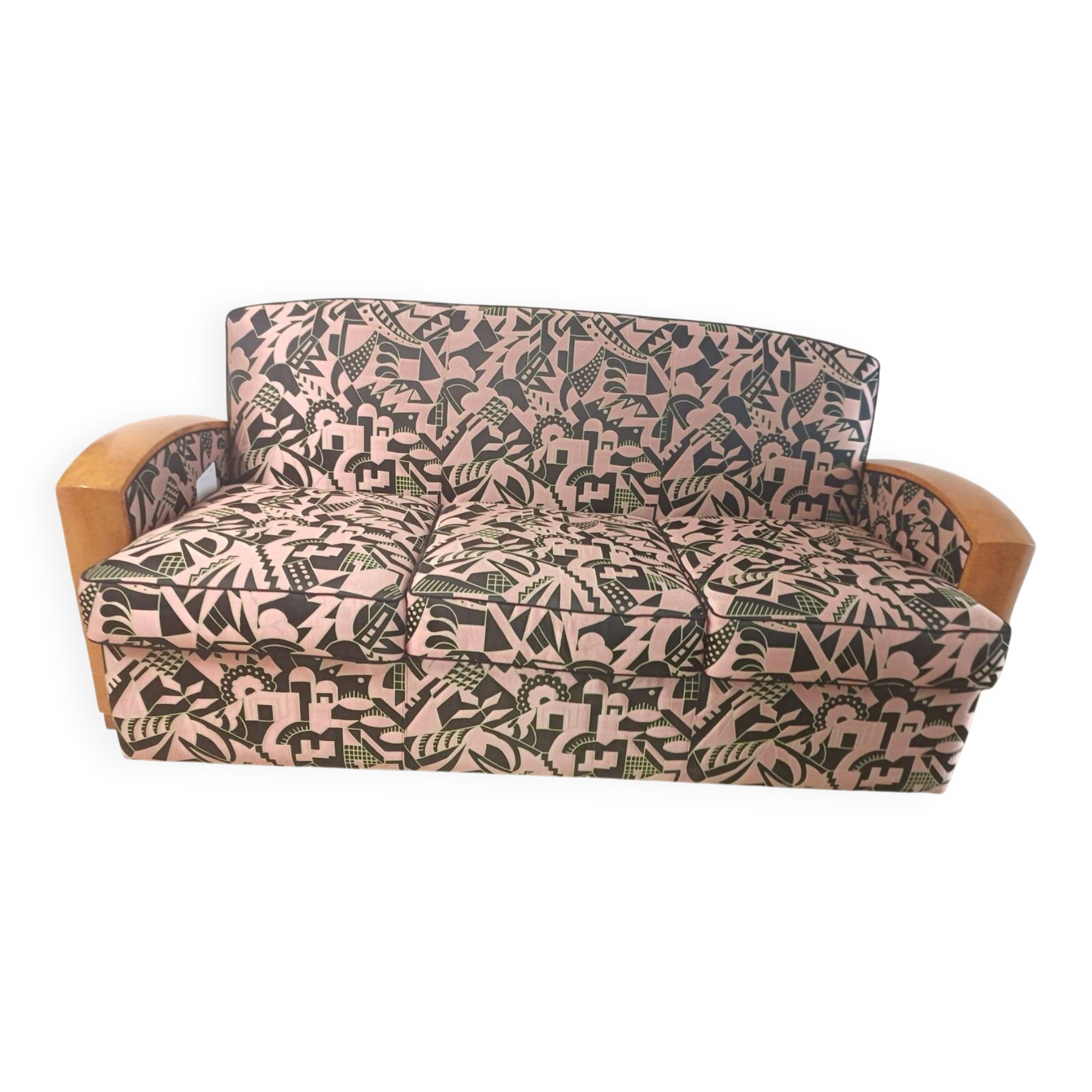 Convertible sofa and art deco armchair in lelievre fabrics.