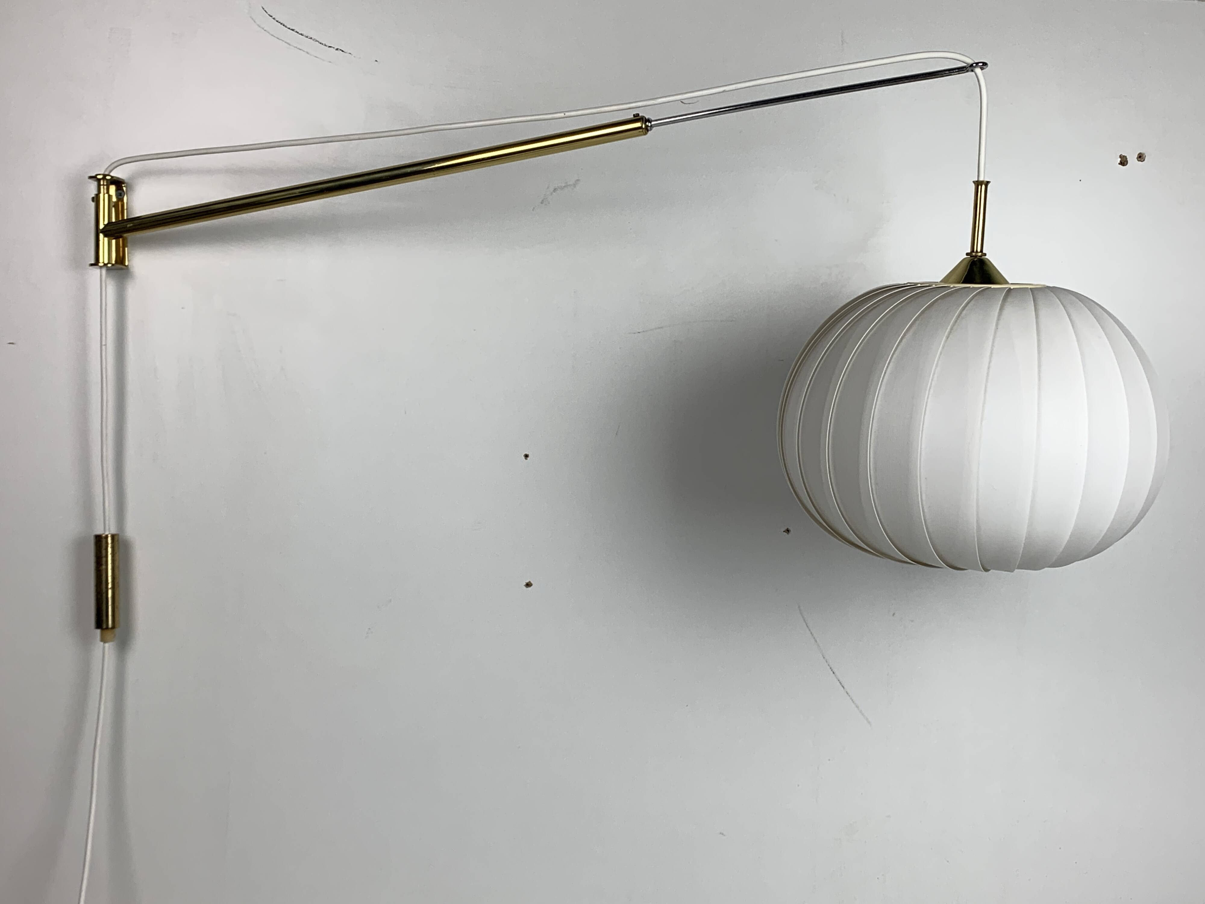 Midcentury extendable brass wall mount with cocoon and sisal shade Lars Schioler, 1960s