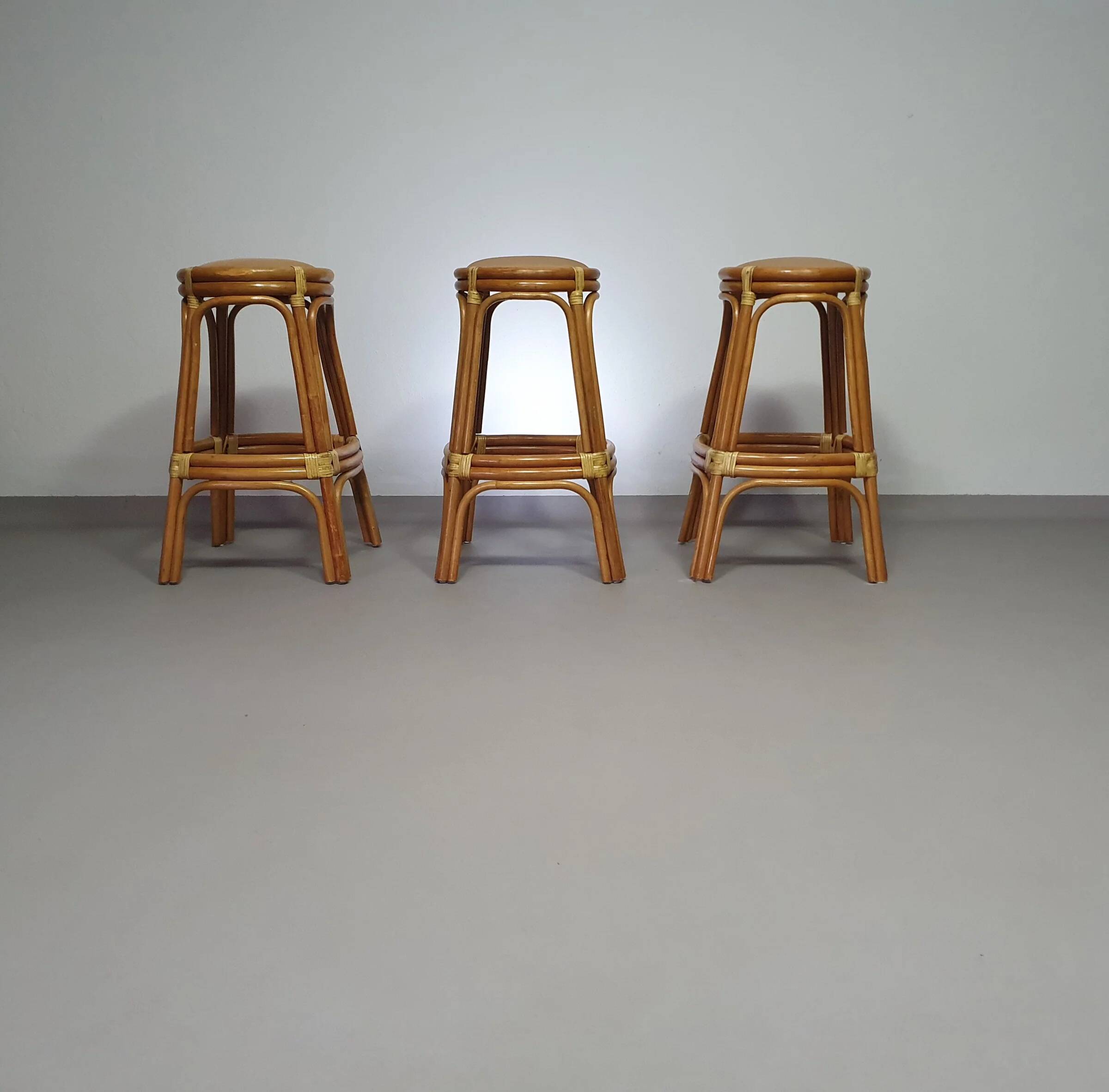 3 x bamboo stool with leather laces / 70s