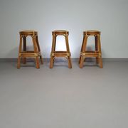 3 x tabourets en bambou avec lacets en cuir / années 70