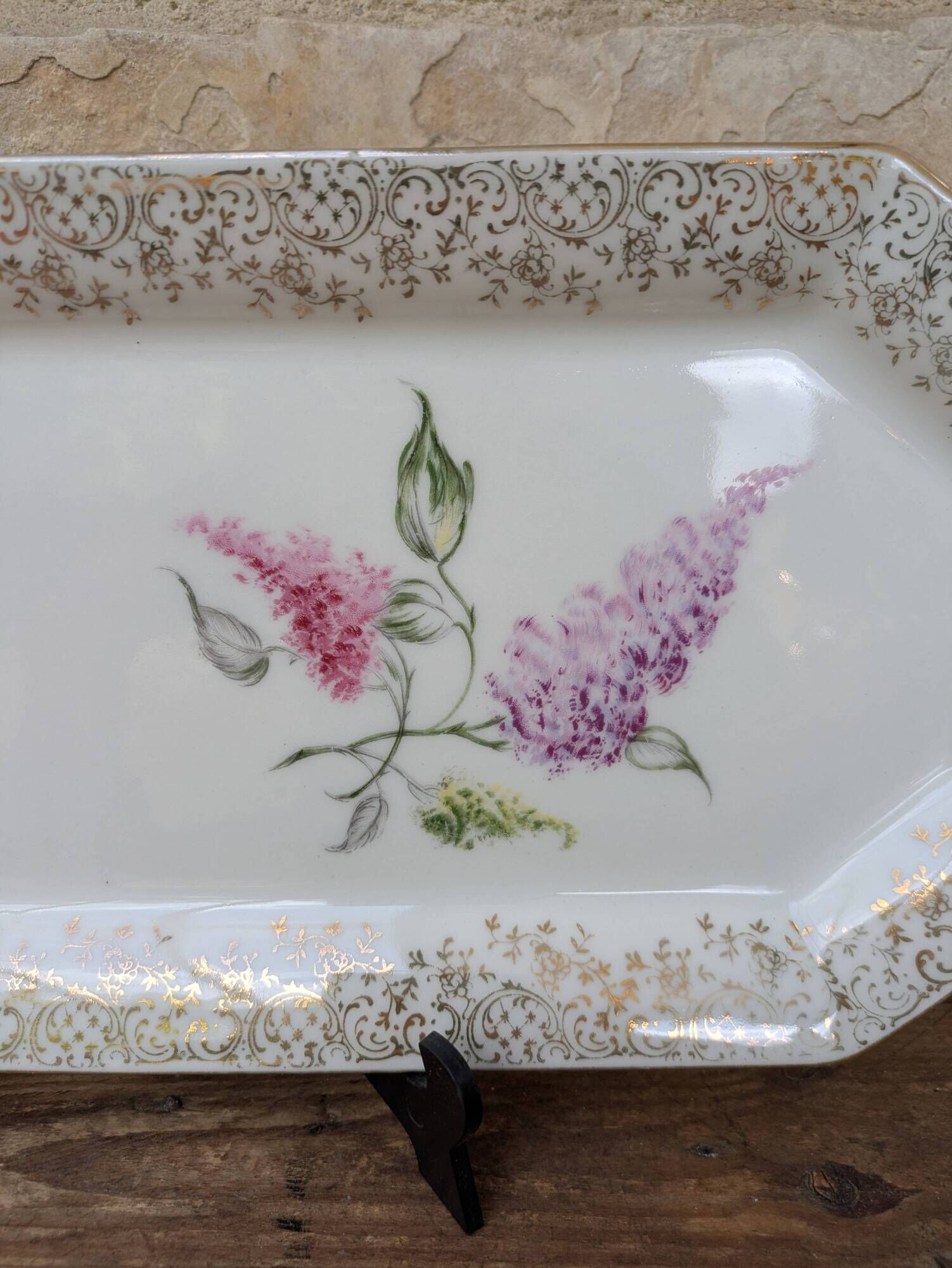 Limoges enamel porcelain cake dish LF with lilac flower decoration.