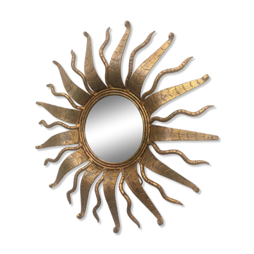 Miroir soleil brutaliste en fer forgé doré style Hollywood Regency, Espagne 1950