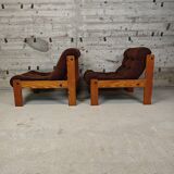 Pair of armchairs in pine and velvet