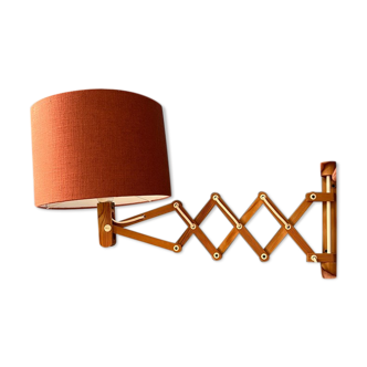 Vintage wooden scissors wall lamp with textile lampshade