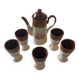 Stoneware coffee service with 5 mazagrans and a Vintage coffee maker