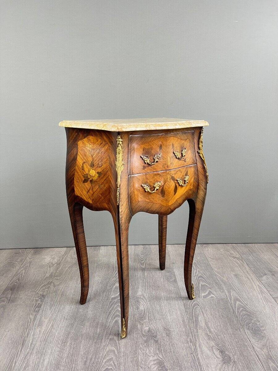 Pair of louis xv style bedside tables in marquetry and marble – 19th century
