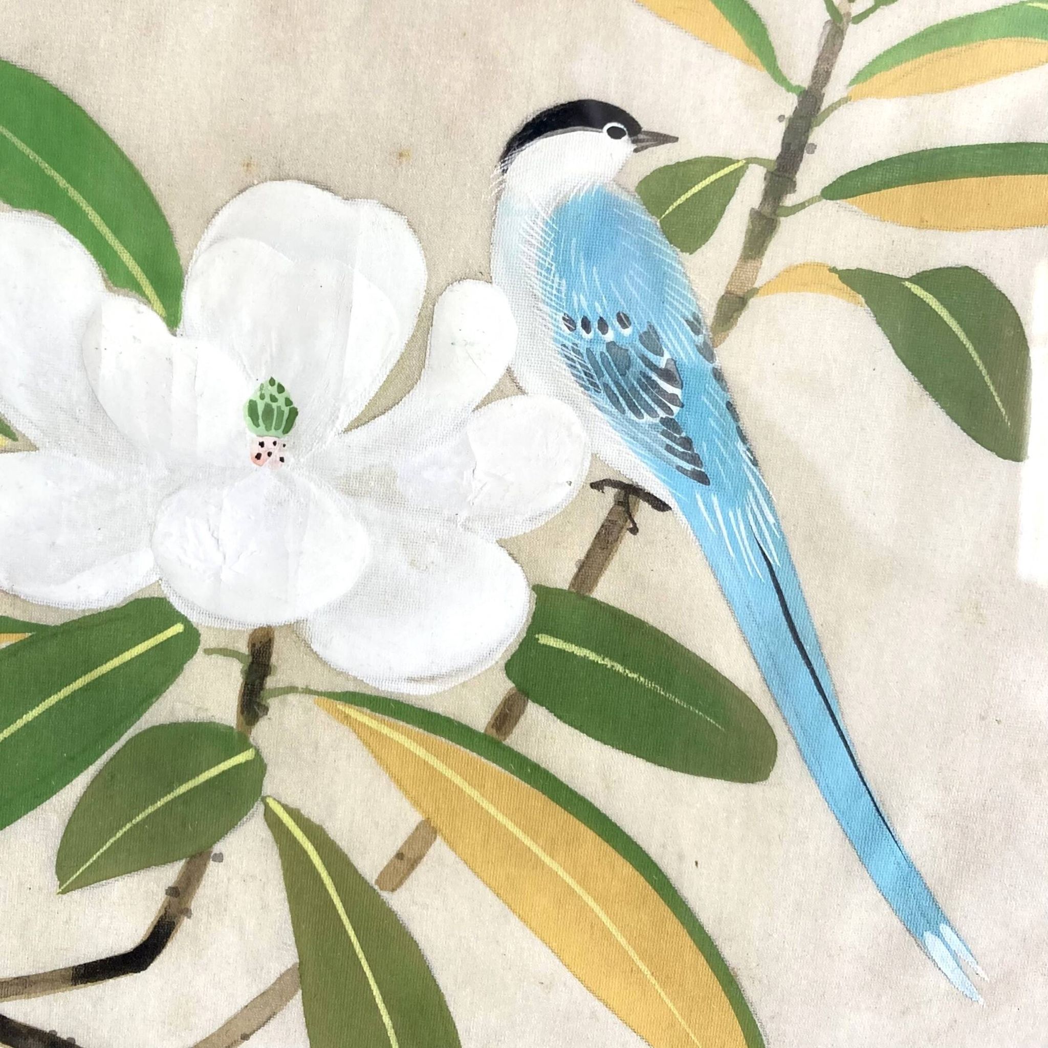 Small Japanese painting blue bird and flower vintage old watercolor