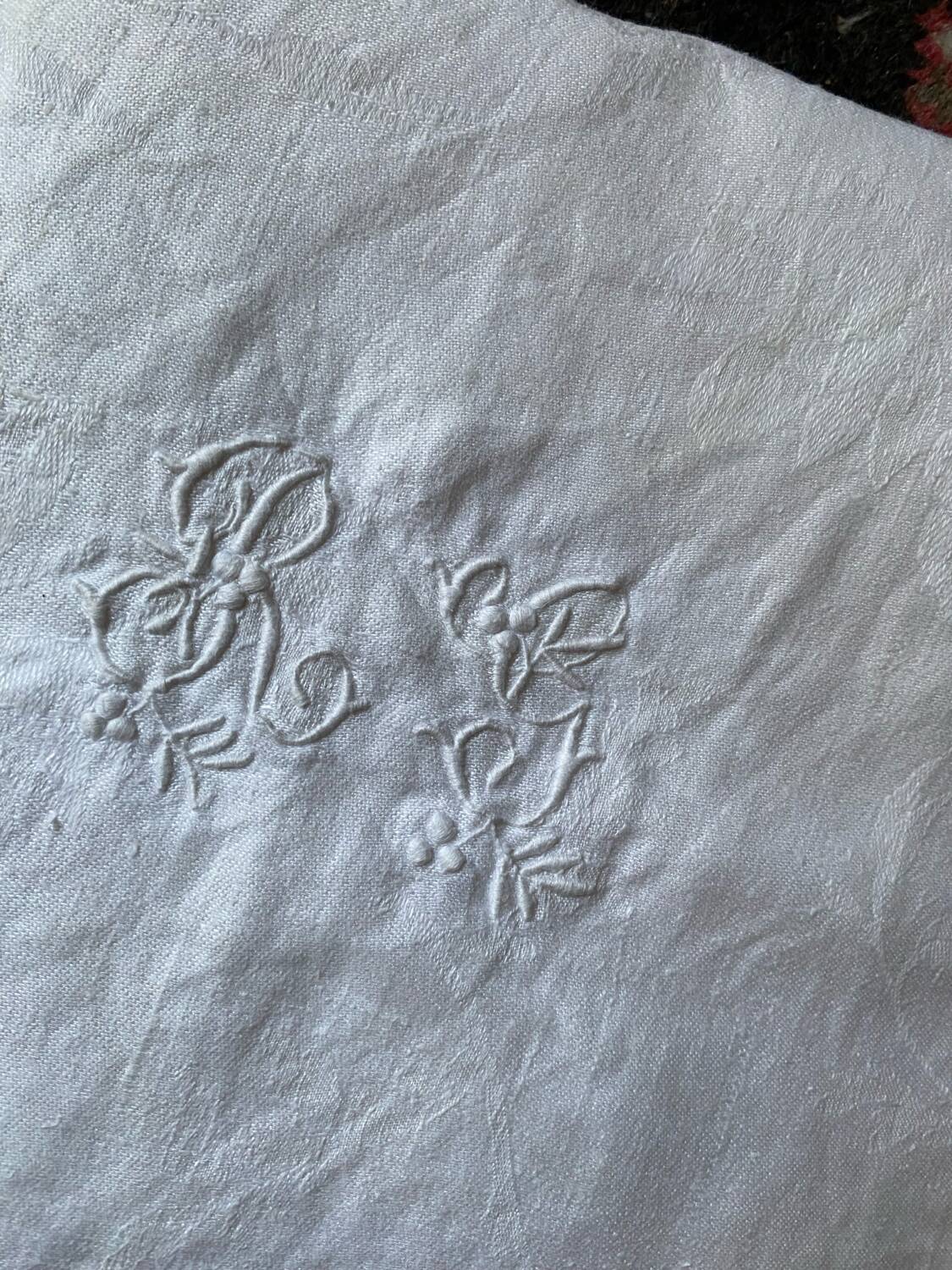 RG embroidered linen damask tablecloth late 19th century.