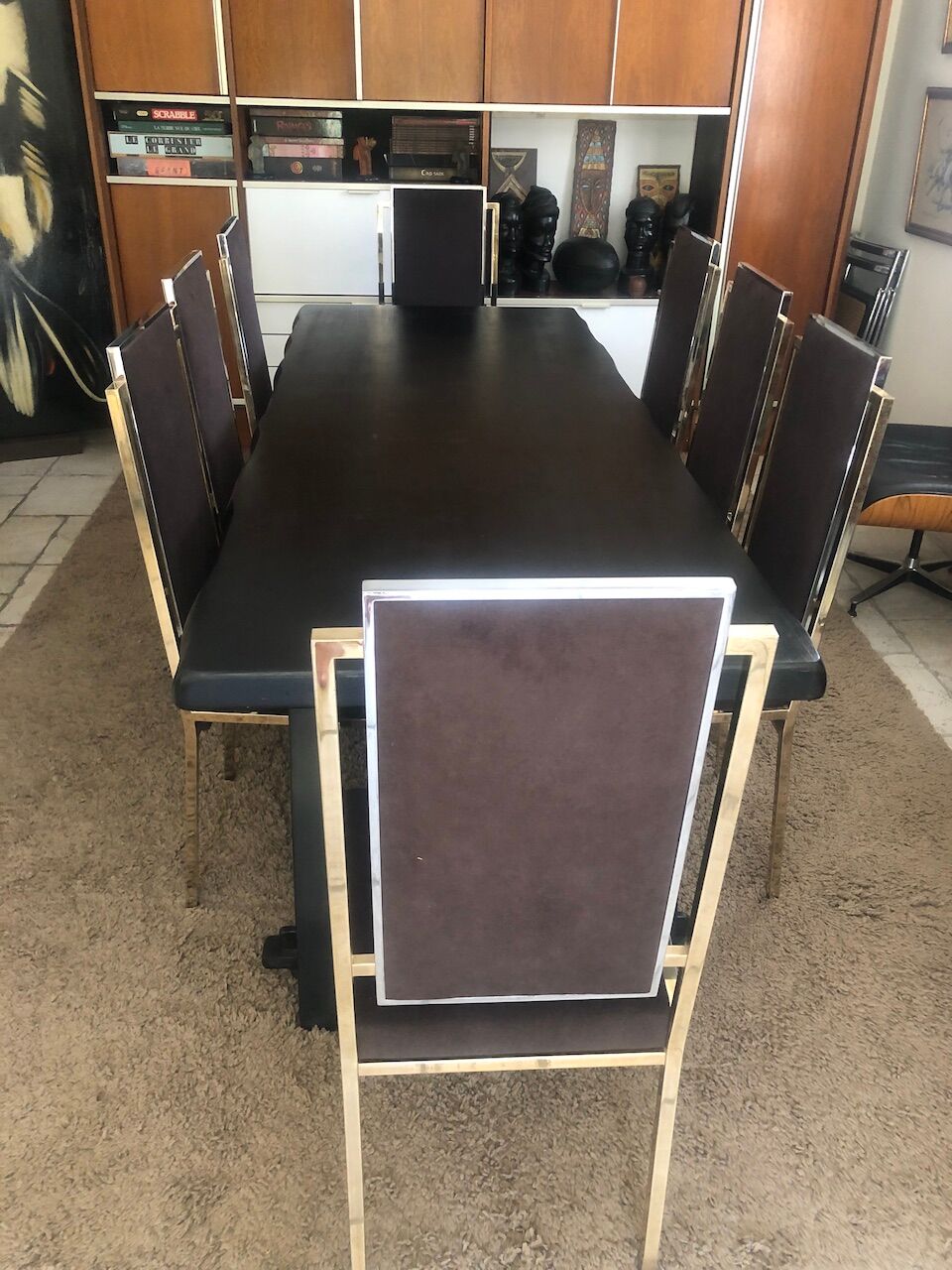 Set of 8 brass and alcantara chairs Romeo Rega 1970