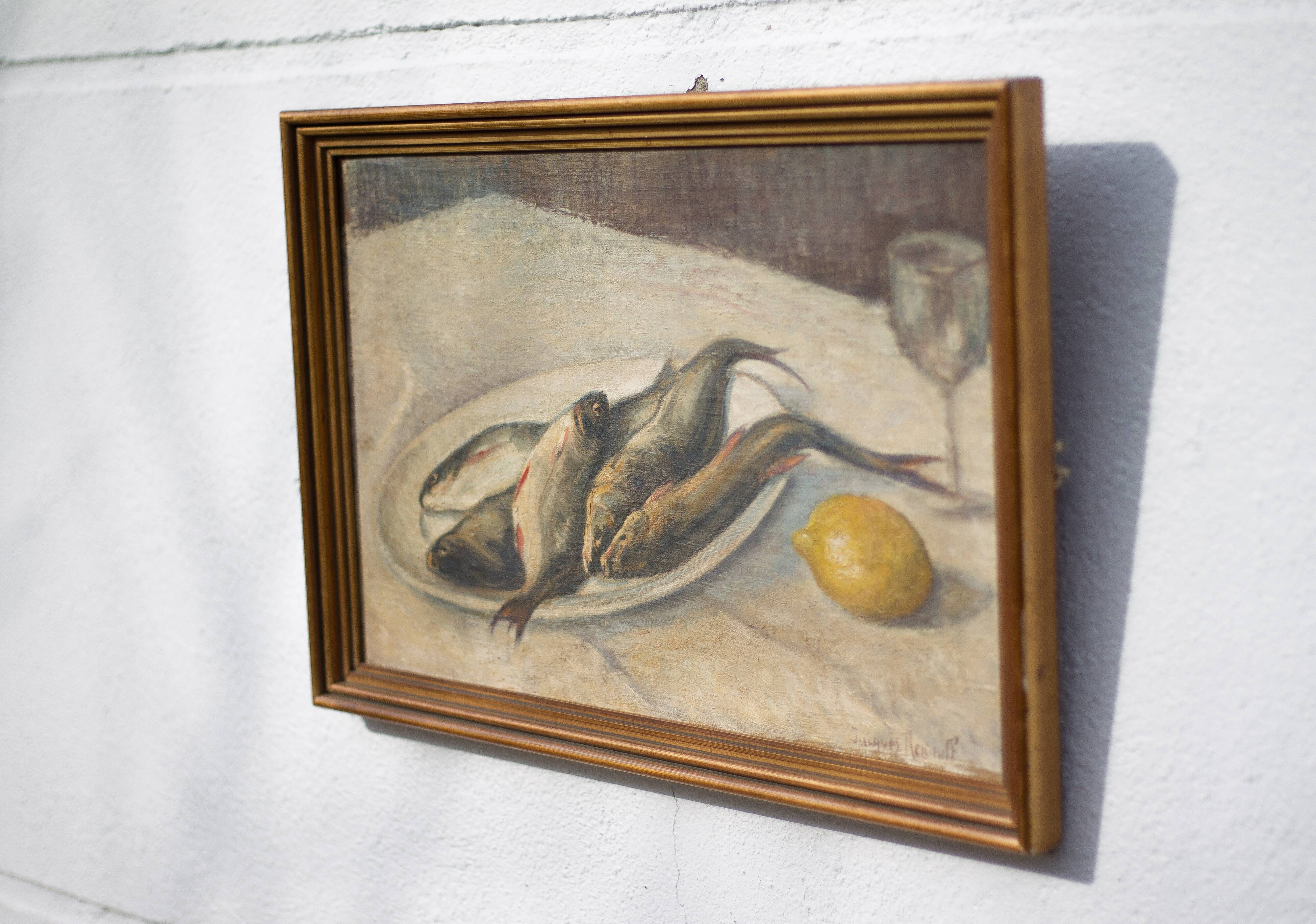 Vintage painting, still life fish painting, signed painting, wall decoration, home decor
