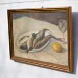 Tableau vintage, tableau nature morte poisson, peinture signée , décoration murale,home decor