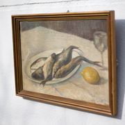 Vintage painting, still life fish painting, signed painting, wall decoration, home decor