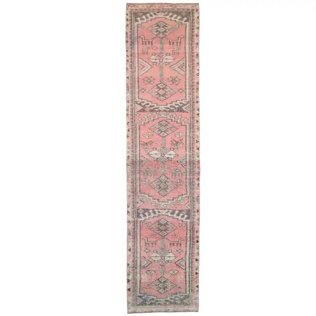 Vintage Turkish Oushak handmade wool cotton pink runner rug 84x379