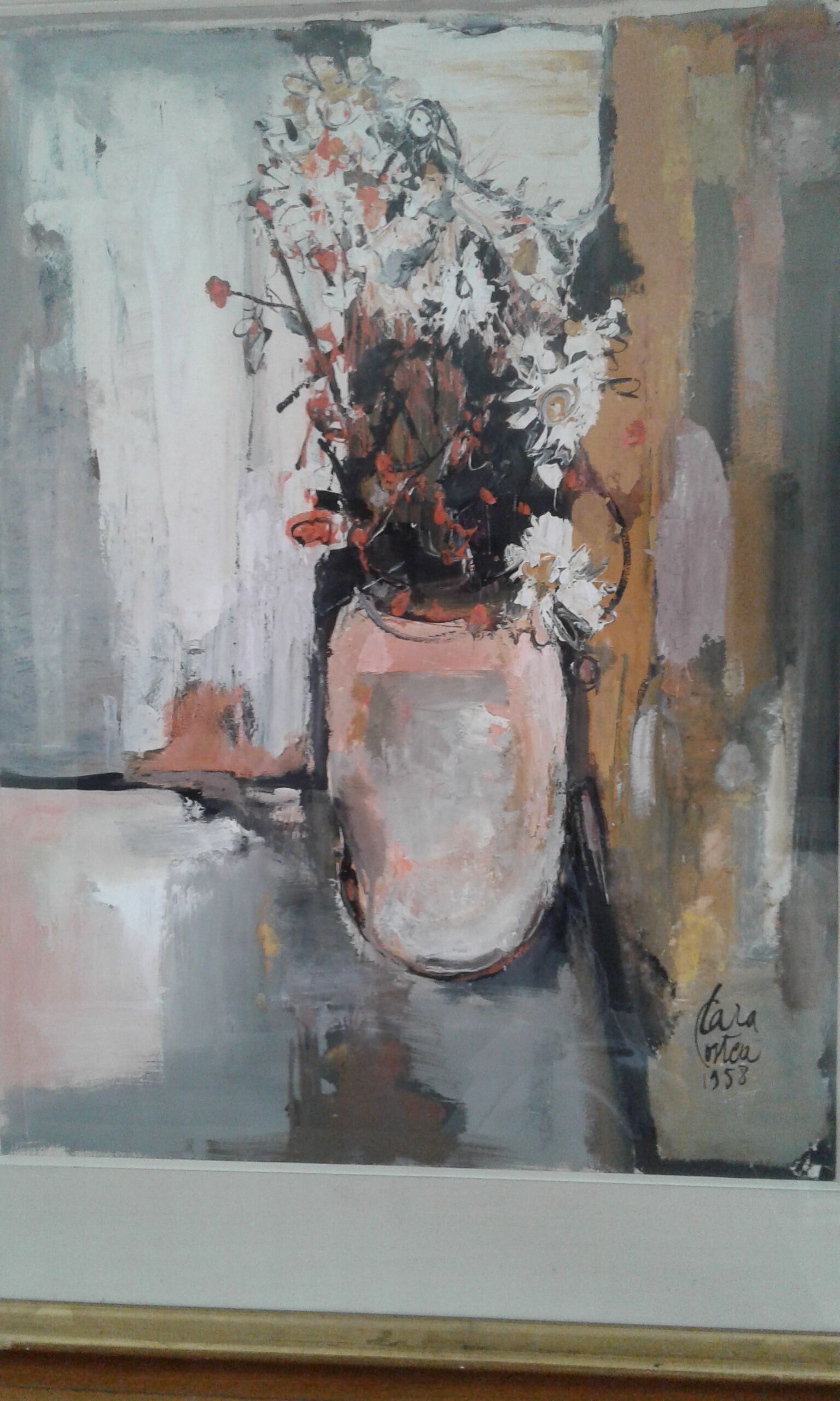 Ancient table . still life with a bouquet of flowers.  1958