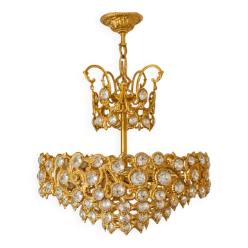 Brass and crystal chandelier plated with 24K gold PALWA, Germany, 1960s-70s.